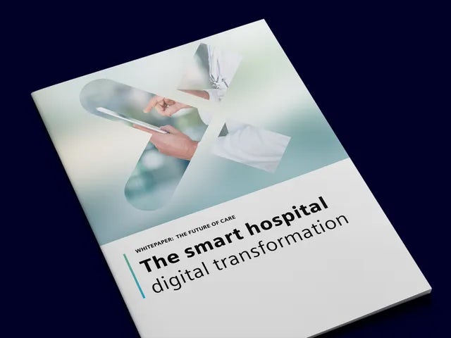 Futuristic Siemens smart hospital design with sleek architecture and integrated digital technology interface