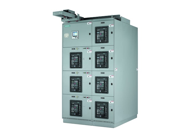 A rear view of a connected low voltage switchgear with a Siemens logo on the side. 