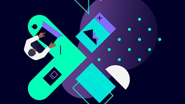 An illustration of a man working on a laptop computer.