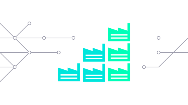 Six factory icons stacked like a pyramid
