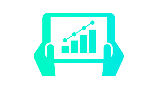 Icon of two hands holding a tablet with a bar graph.