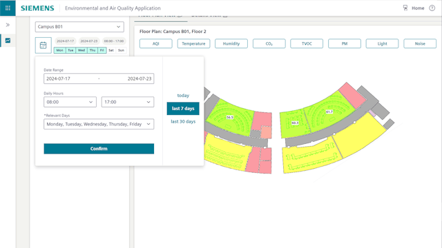 Small white device with digital display showing air quality measurements and temperature on a wooden surface.