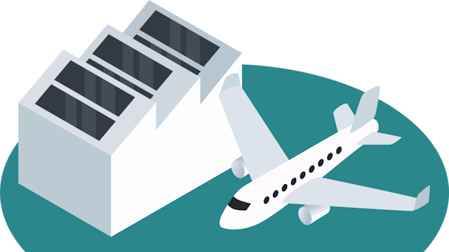 Stylized aerospace icon depicting a commercial jet on a tarmac next to a building