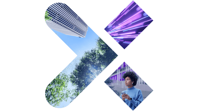 A young girl stands in front of a building with a modern architectural design, wearing a white shirt and a blue skirt. 