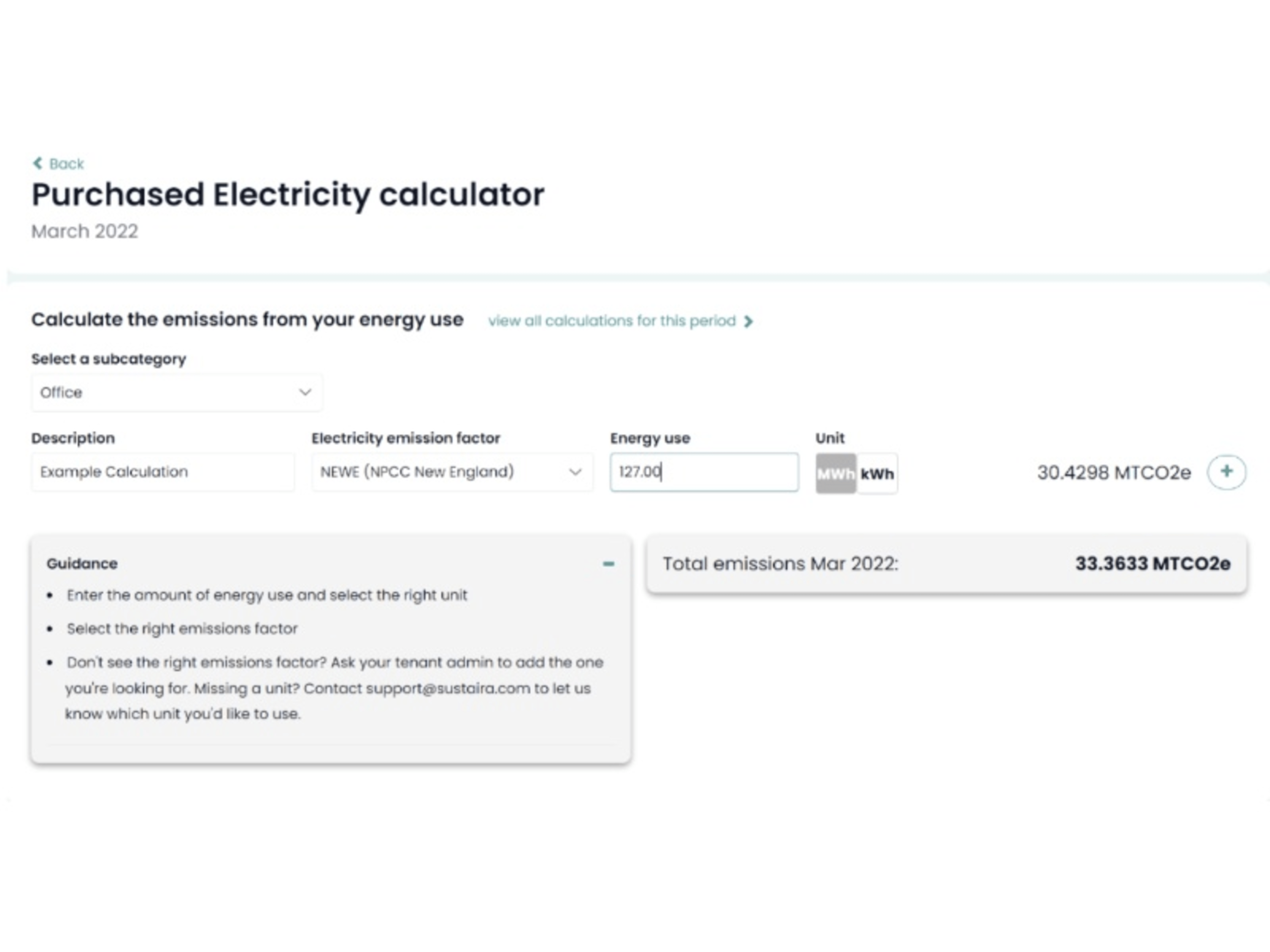Purchased Electricity calculator interface