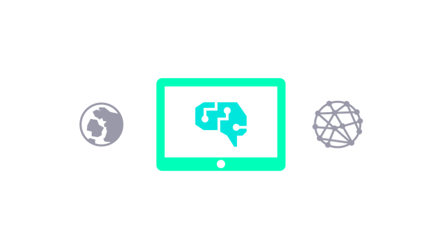 Digital transformation challenges icon showing a tablet icon displaying a stylized AI brain, with a globe on one side and a network symbol on the other.