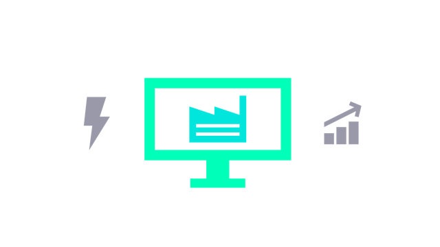 Efficiency challenges icon showing computer screen icon with a factory symbol, flanked by energy and growth icons.