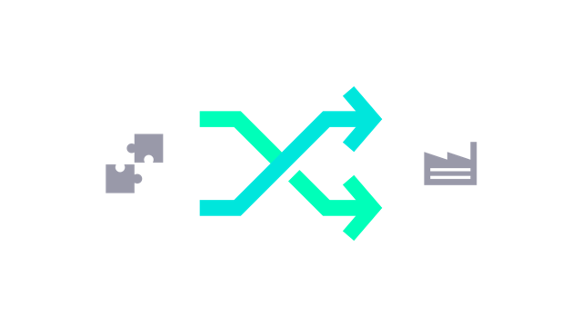 Flexible infrastructure challenges icon showing crossed arrows icon between puzzle‑piece and factory symbols.