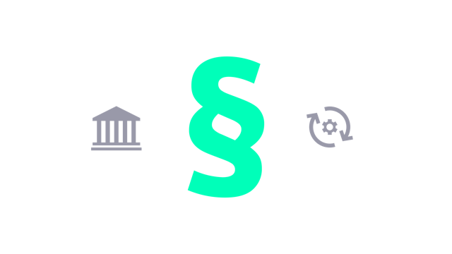 Compliance challenges icon showing a legal section symbol flanked by a government building and a process cycle symbol.