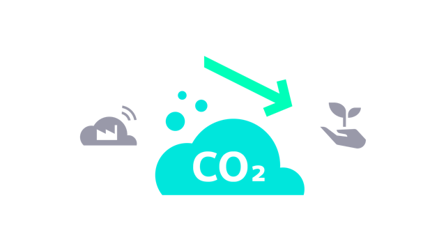Sustainability challenges icon showing CO₂ cloud icon with a downward arrow, symbolizing reduced emissions.