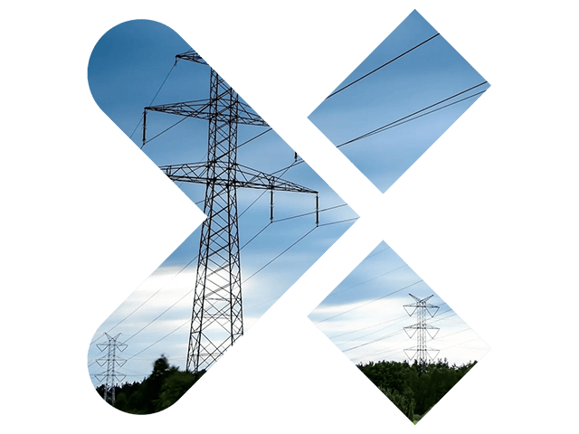 High-voltage tower sky background in the Siemens Xcelerator X shape.