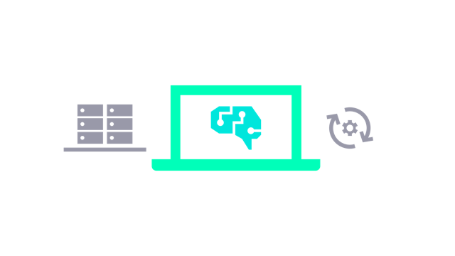 con showing a gray data servers, green laptop with a blue brain and a gray gear with arrows