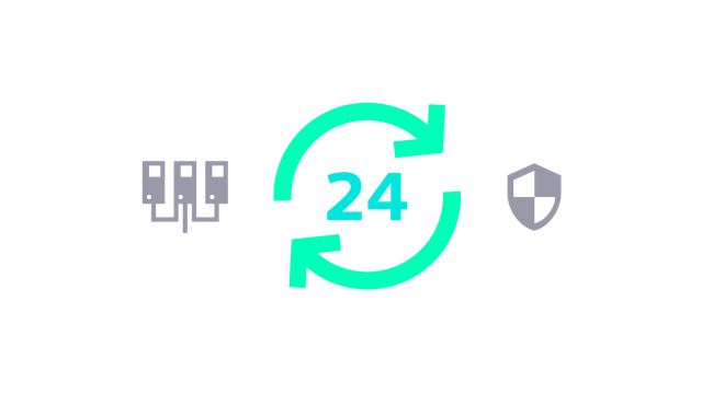 Gray, blue and geen icon depicting 24-hour type cycle, electrical boxes and a security badge.