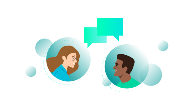 Illustration of two smiling people in conversation, shown with green quote bubbles.