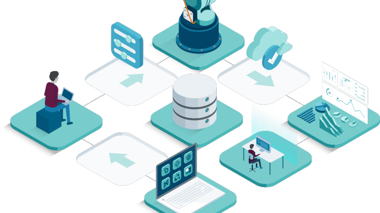 The image shows a person standing in front of a large screen displaying a colorful abstract design.