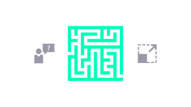 Challenges icon showing maze icon flanked by a question symbol and an expansion arrow.