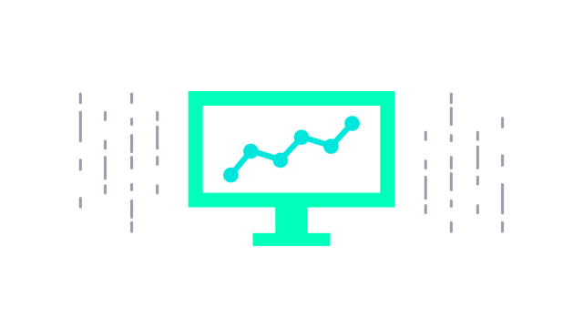 Data management challenges icon showing monitor displaying a rising data chart with surrounding vertical data bars.