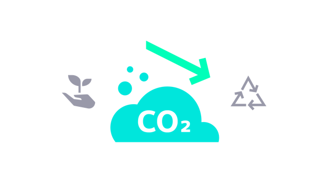 Central icon representing decarbonization. Side icons representing sustainability in lifecycle and lower energy consumption