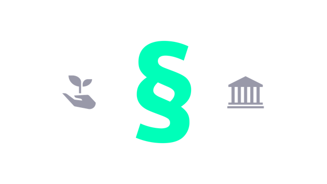 Regulations challenges icon showing section symbol icon centered between a hand holding a sprouting plant and a government building symbol.