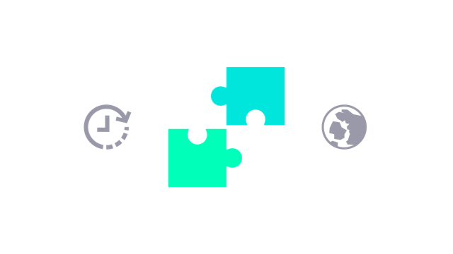 Icon showing large blue and green puzzle pieces flanked by a gray clock and a gray Earth