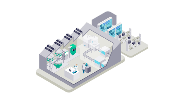 Birds-eye view illustration of a pharmaceutial manufacturing facility.