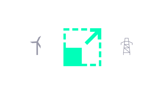 Grid capacity challenges icon showing an expanding square with an upward arrow, flanked by wind turbine and power grid symbols.