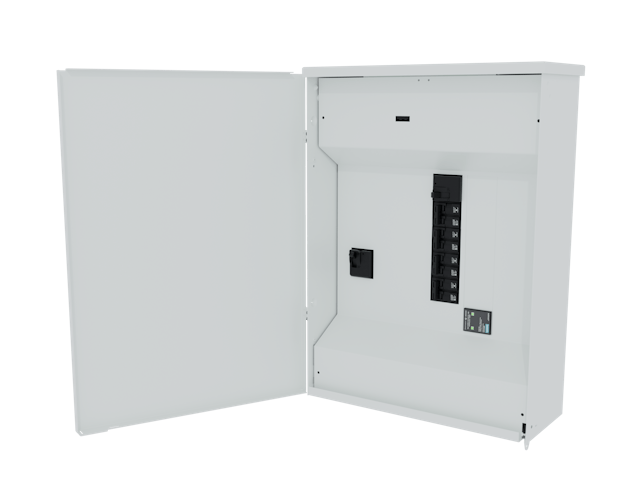 A white electrical panel with its door open, revealing vertically arranged circuit breakers and a digital display inside.