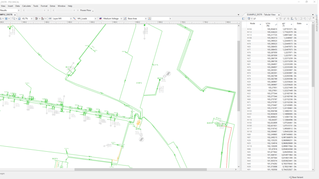 The PSS®SINCAL power flow core module showing power flow results in a network graphic
