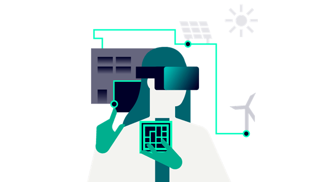 Icon of a woman in a VR headset holding a semiconductor