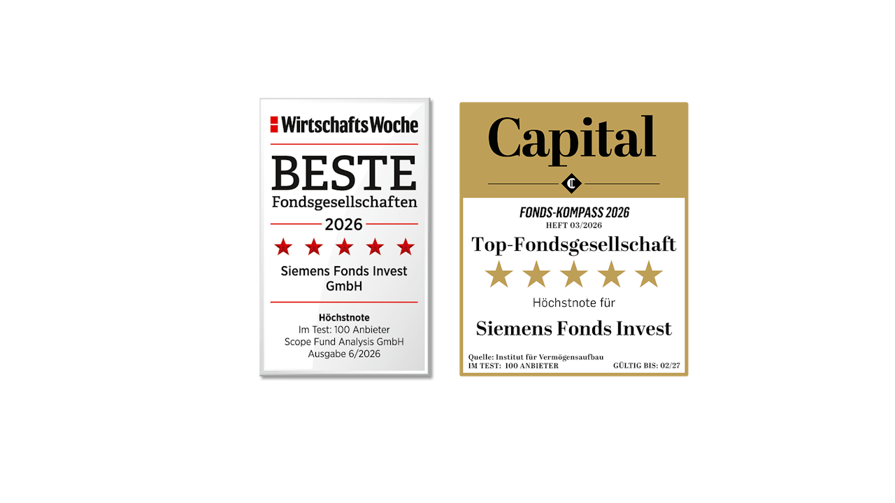 Logos for 2 awards for Siemens Fonds Invest:  Wirtschaftswoche 5 Sterne and Capital - 5 Sterne 