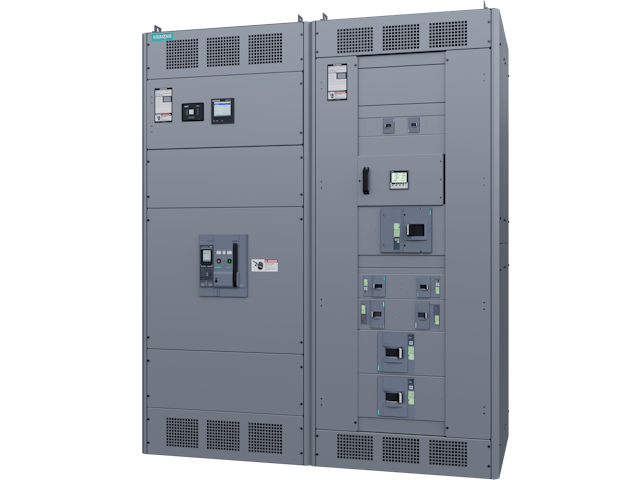A gray Siemens electrical cabinet with its door open, revealing internal red and white electrical components and wiring.