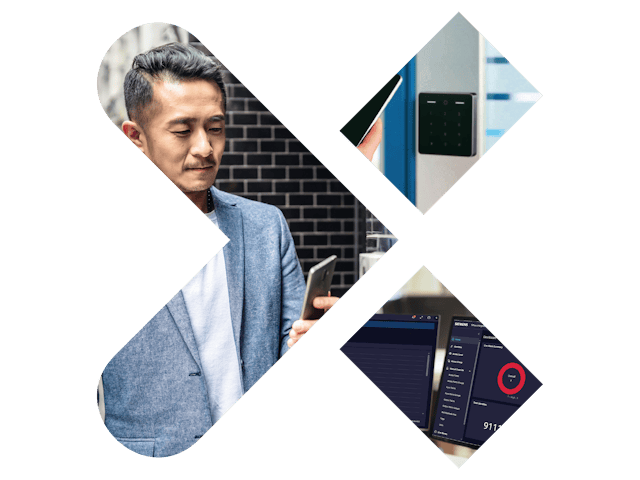 Man looking at mobile phone, access reader and PC interface.