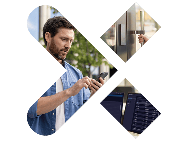 Security guard monitoring multiple screens in a modern control room with focused, attentive posture.