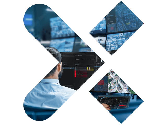 Three monitors display data, maps, and surveillance feeds against a blue background with digital overlays, suggesting a control room.