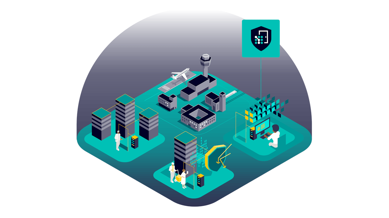 A graphical representation of a surveillance system with a camera and a person in the background.