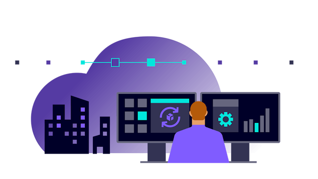 A digital illustration of a smart building with a person in front of it, showcasing the building's features and technology.