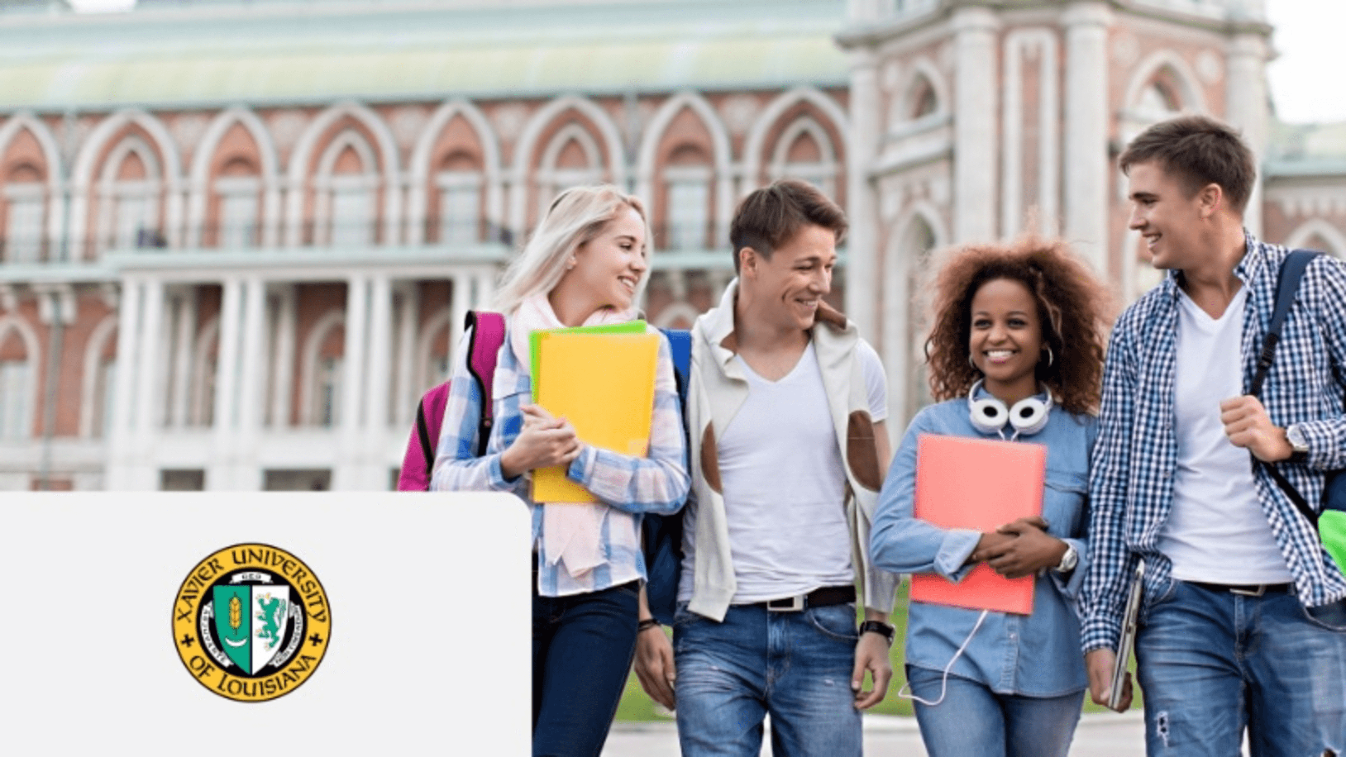 Students walking on campus with building